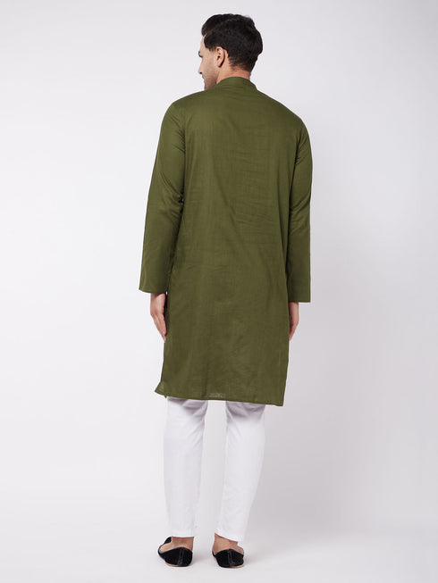 Men's Mehendi Green Solid Cotton Blend Kurta And White Pyjama Set